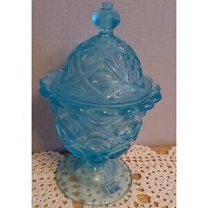 Vintage Viking Sandwich Museum Glass Lidded Candy Dish Blue 8.5"